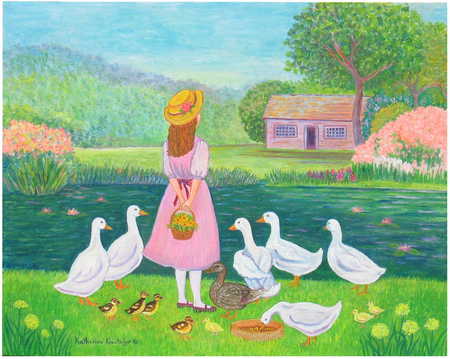 Visting Grandma - ducks, girl, river, flowers, house