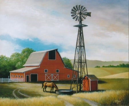 Windmill Farm - fields, shed, farm, horse, windmill