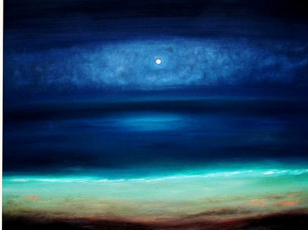 Moonlight paint - moon, sky, beach sand, night, lwater, mist, reflection, clouds, blue, aqua color