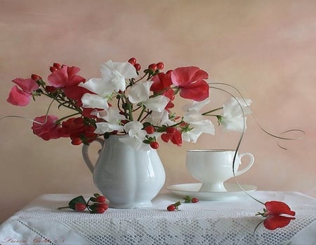 Berry Pretty - saucer, berries, cup, vase, white, tablecloth, red and white, red, table, flowers, poppies