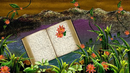 Diary Lost - widescreen, flowers, abstract, book, mountains, sky