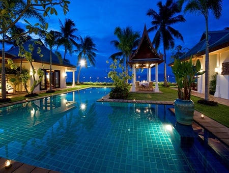 Perfection - palm trees, evening, water, house, pool, villa, lights