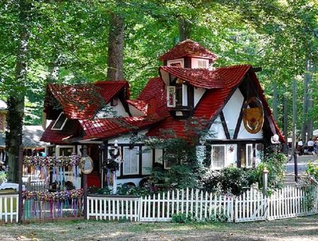 Cottage delight - cottage, fence, trees, red and white, odd shaped roof, country