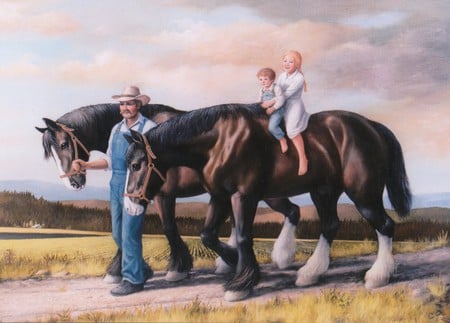 Gentle Old Charlie - horses, father, children, riding, country