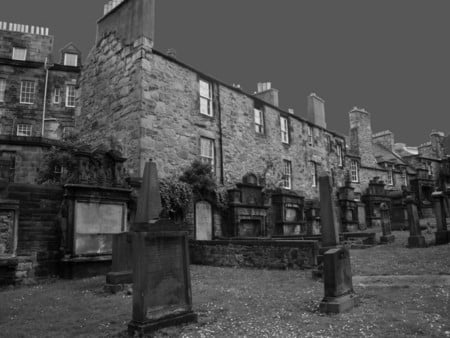 Death street - graveyard, street, cemetery, tomb, macabre, buildings, britain, urban, church, town, architecture, horror, city, surreal