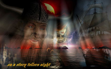 on a story tellers night - sailboat, storyteller, fantasy, viking