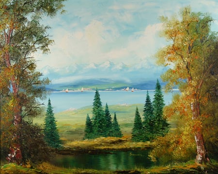 Little Pond InThe Middle - trees, pond, sail boats, lake, sky