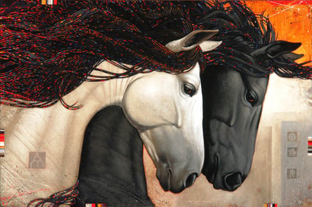 Partners - proud, black, white, manes, beautful, horses