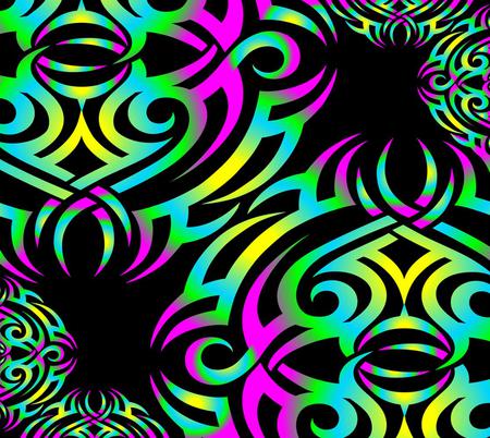 Brights on black - whirls, purple, yellow, blue, design, pattern, green, black