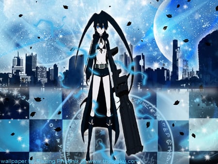 Black Rock Shooter - pretty, blaze blue fire, beautiful, twintail, city, cool, checkered, black rock shooter, wind, cute, brs, sky