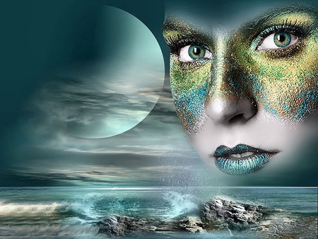 GREEN MOON - moon, face, sky, ocean, clouds, eyes, green