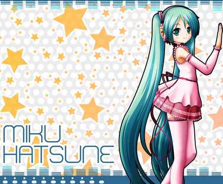 Hatsune Miku - pretty, star, anime, vocaloid, heart, twintail, hatsune miku, pink, stars, beautiful, hot, girl, miku, cute, hatsune, headset, sexy, vocaloids, pink dress