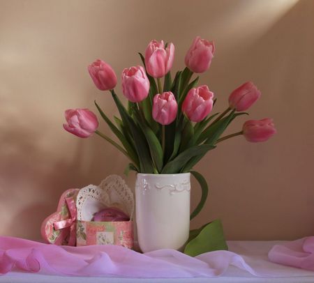 still life - nice, gift, photography, tulips, still life, vase, flower bouquet, cool, box, pink, beautiful, leaves, flowers, photo, elegantly, harmony