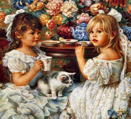 Tea and cookies with  Kitty - flowers, kitten, food, girl, tea