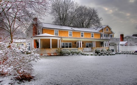 SNOW HOUSE - ice, trees, snow, winter, house, lights