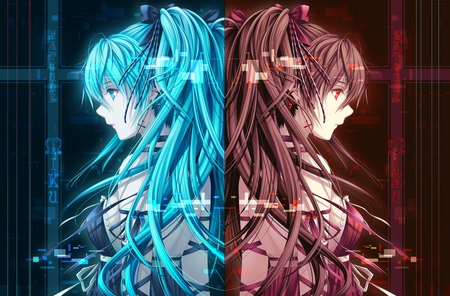 Hatsune Miku & Zatsune Miku - hatsune miku, vocaloid, twintails, anime, zatsune miku