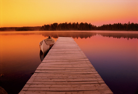 Canoe At Dawn - morning, nature, lake, colours, water, delightful, canoe