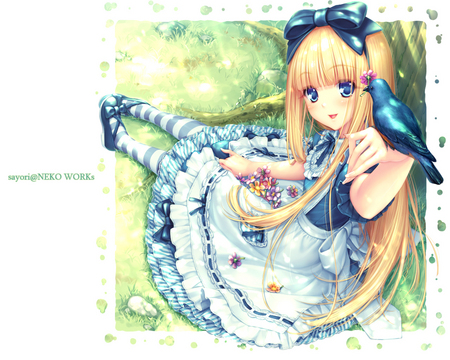 Alice - bird, anime, sayori, blonde hair, grass, tree, flowers, alice in wonderland, alice, bow, apron, sitting