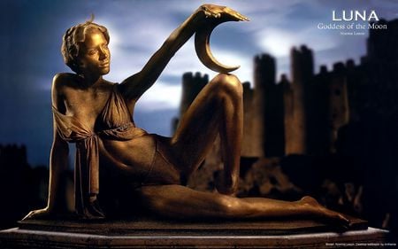 Luna Goddess of the Moon - living, beautiful, model, mythological, golden, statue