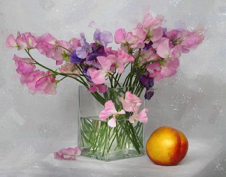 Floral Still Life Arrangement - flowers, vase, photography, still life, glass, peach