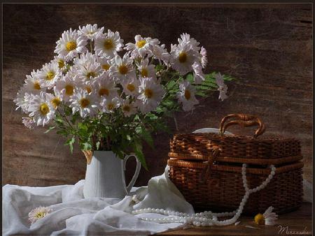 Daisies & Pearls - pearls, cloth, photography, table, flowers, basket, daisies