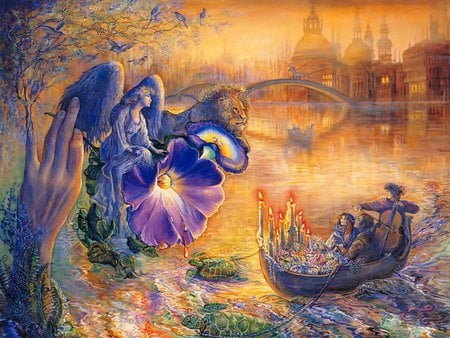 Twilight Angel - flower, tiger, awe, string instrument, boat, river, castle, couple, twilight, angel