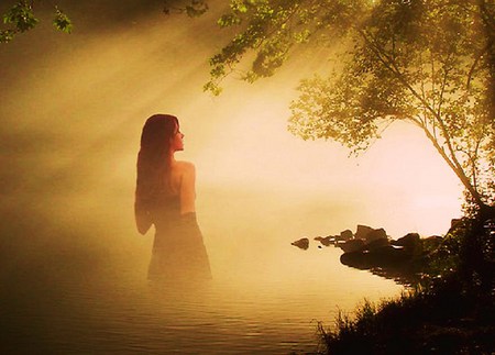 Lady of the lake - gold light, rays, woman, mist, myth, lake, tree