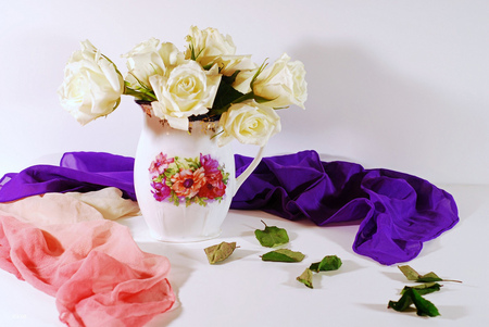 Silk and roses - roses, vase, silk, purple