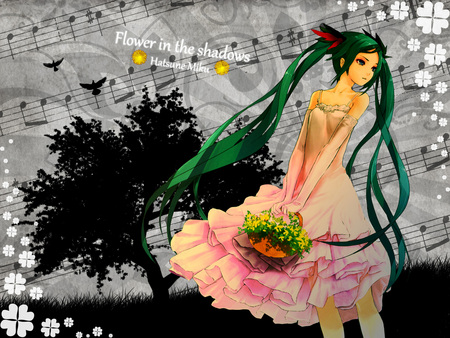 Hatsune Miku - song notes, twintail, pretty, anime, miku, tree, cute, hatsune miku, girl, notes, vocaloids, hatsune, vocaloid, beautiful, leaves, flowers, buoquet, dress