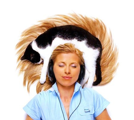 Get out of my hair - woman, cat, hair, music, blond, black and white, earphones, blue blouse