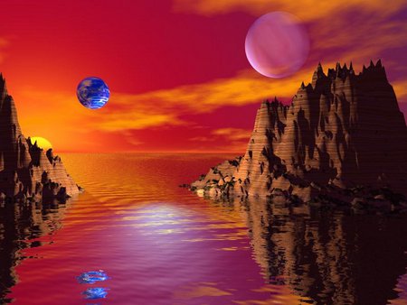 FANTASY SPACE - sky, planets, clouds, colorful, water, mountains, fantasy, space