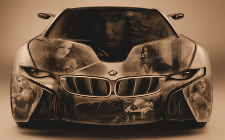 fantasy bmw - women, erotic, flames, septia, eyes, fantasy