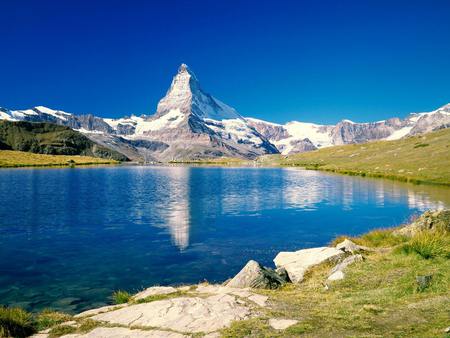 Lake beach - nature, lake, mountain, water, grass