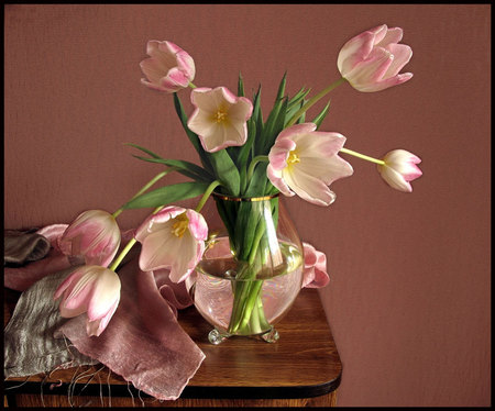 still life - nice, beauty, photography, tulips, water, still life, vase, flower bouquet, cool, beautiful, flowers, photo, harmony