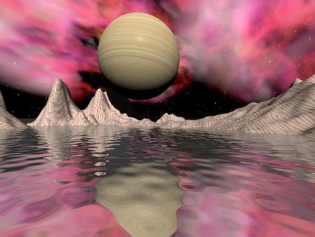 PLANET LAKE - sky, lake, stars, pink, mountains, planet