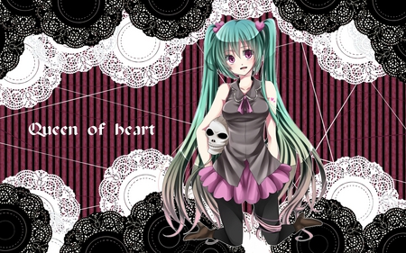 Hatsune Miku - skull, hatsune miku, girl, twintail, hatsune, vocaloids, hearts, pretty, queen of heart, vocaloid, beautiful, anime, miku, cute, pink eyes