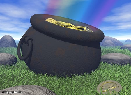 Pot of Gold - pot, black, coins, rainbow, grass, rocks, sky