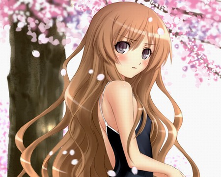 Sakura Blossom - anime, anime girl, female, sakura, hot, girl, scene, scenic, flower, plant, pink, tree, black, cute, sexy