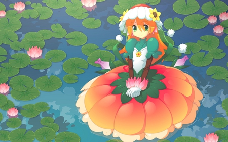 tagme - green eyes, tagme, water lily, orange hair, anime