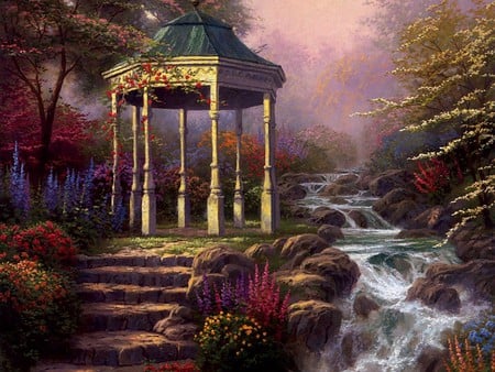 Gazebo - stairs, trees, heart, stream, gazebo, creek, painting, art, artwork, color, painted, rivers, nature, beautiful, steps, sweet, stones, flowers