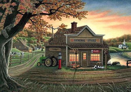 The General  Store - painting, road, dog, country, church, art, tractor