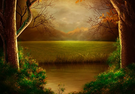 Nature - paint, painting, sky, art, forests, river