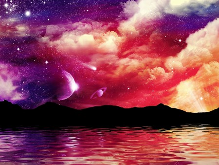 COLORFUL WORLD - clouds, planets, colorful, water, world, mountains, stars