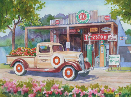 Old Gas Station - station, variety, truck, gas, flowers