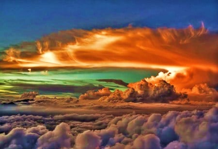 Cloud walking - clouds, wispy, billowy, blue sky, orange, grey green, white, nature, sun, sky