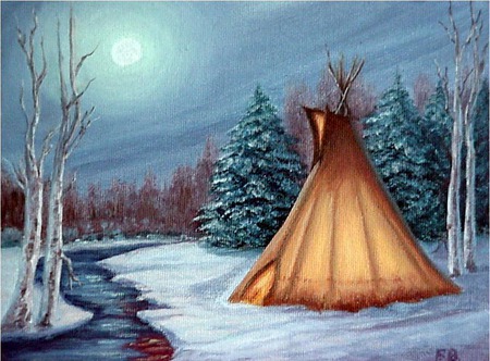 Moonlight - pines, birch, winter, snow, stream, teepee