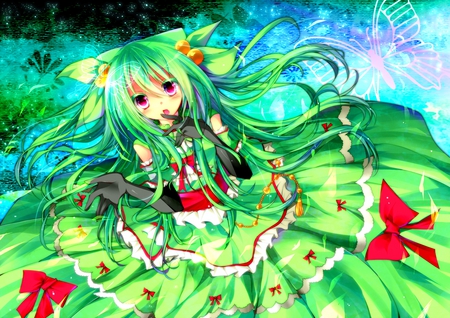 tagme - butterfly, tagme, ribbons, anime, green dress, green hair, pink eyes