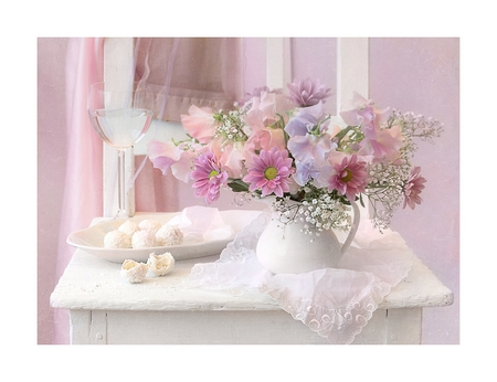 still life - vase, water, beautiful, photography, flower bouquet, cool, flower, pink, still life, gentle, sweeties, harmony, white, nice, glass