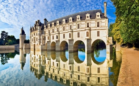 Castle - clouds, house, trees, beautiful, road, landscape, reflection, architecture, medieval, path, lake, castle, sky