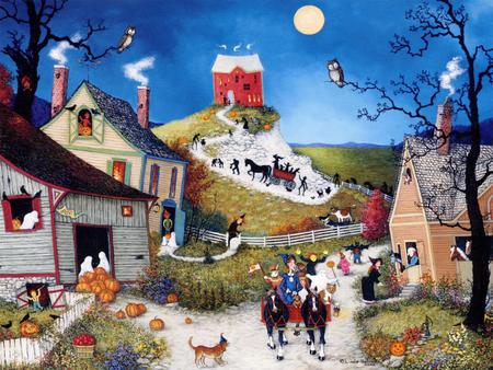 First Halloween - moon, houses, work, painting, candy, halloween, village, art, children, spooky, dress up